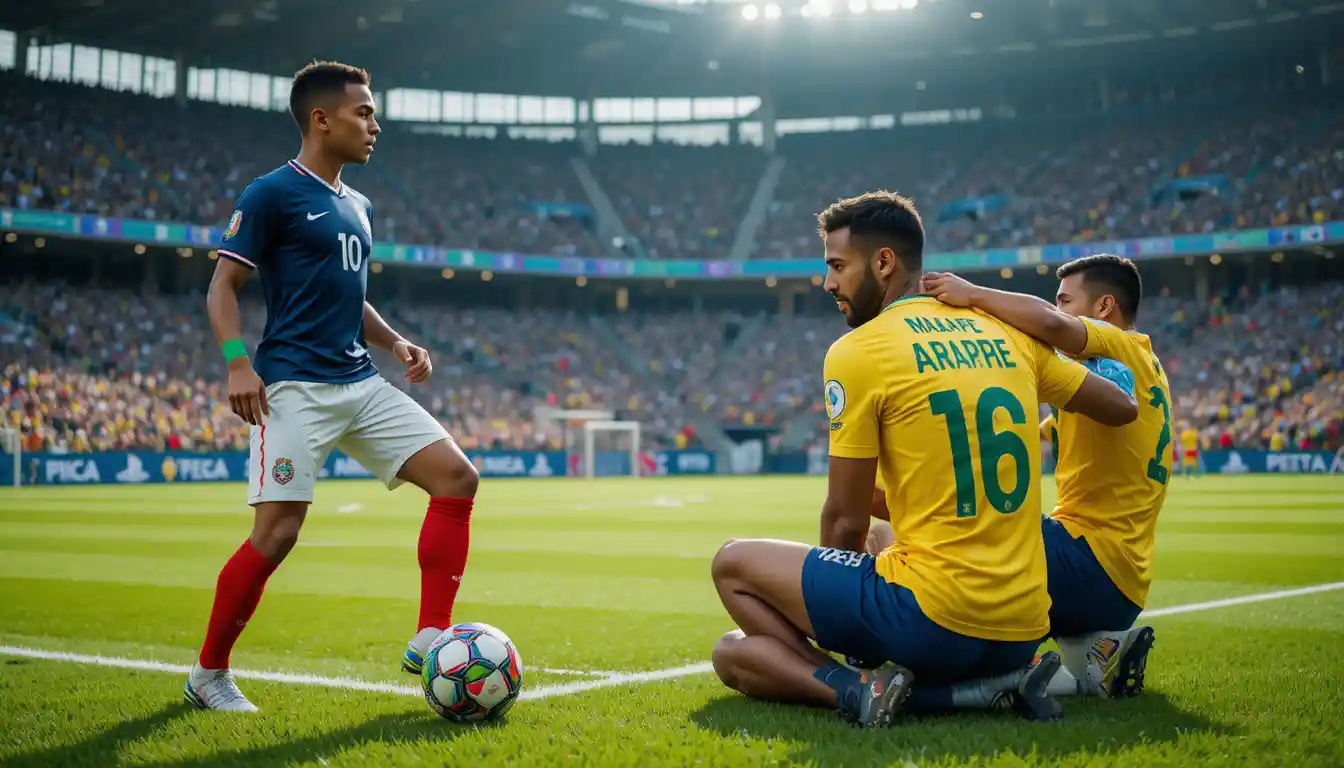 Soccer players in action on a bright stadium field