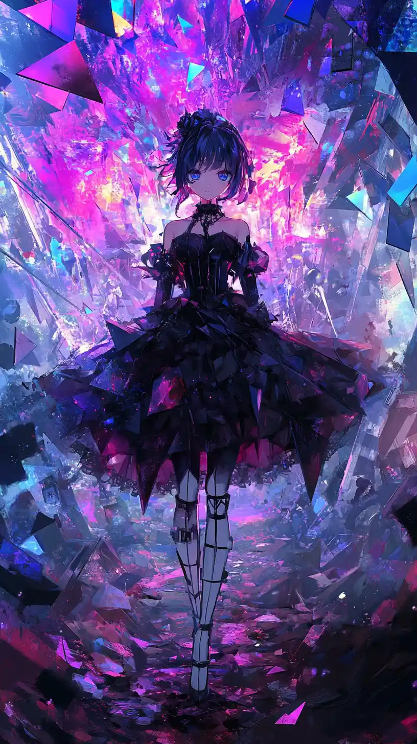 Anime girl in a fractured purple and red mosaic world