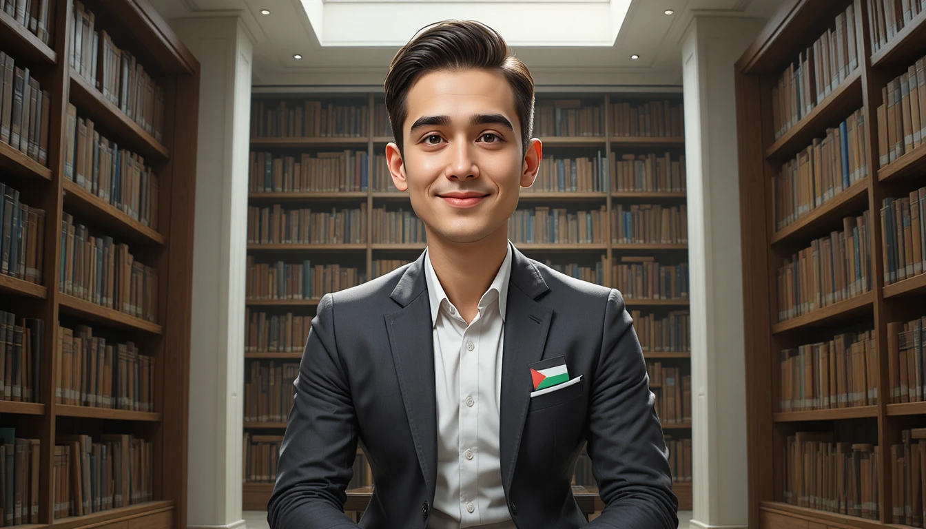 Confident young man in blazer with peace badge indoors