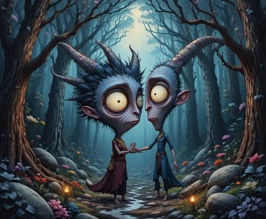 Tender fantasy creature in a jewel lit forest close up