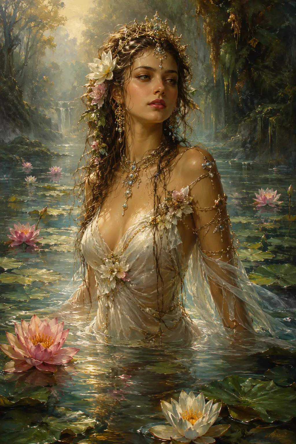 Regal pond queen in white dress among water lilies