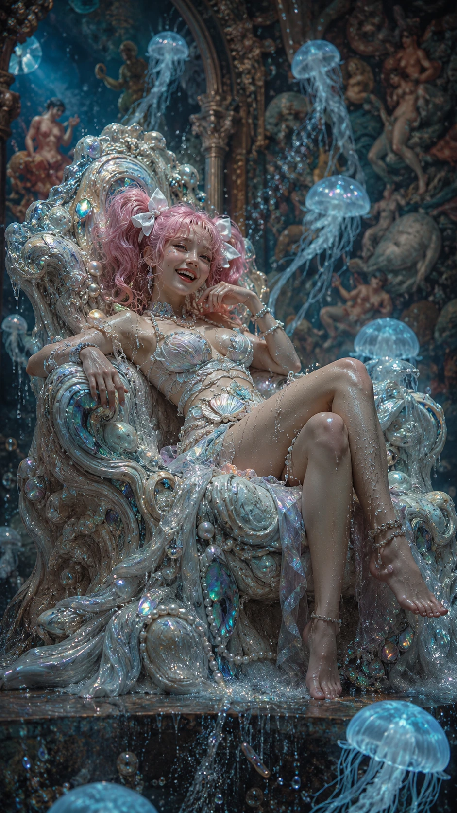 Princesa ninfa de agua juguetona sobre un trono de olas relucientes