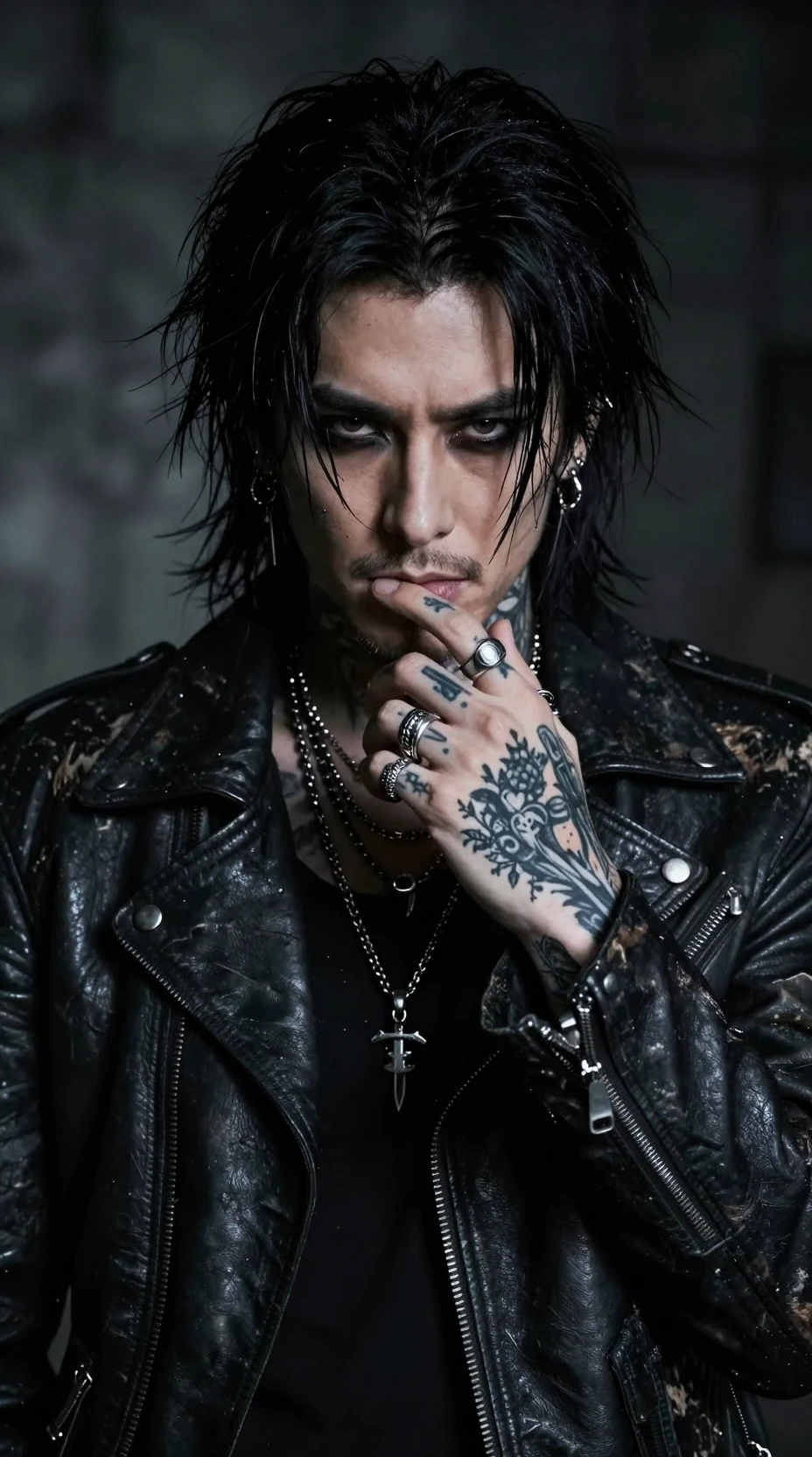 Brooding rock musician portrait with tattoos and leather jacket