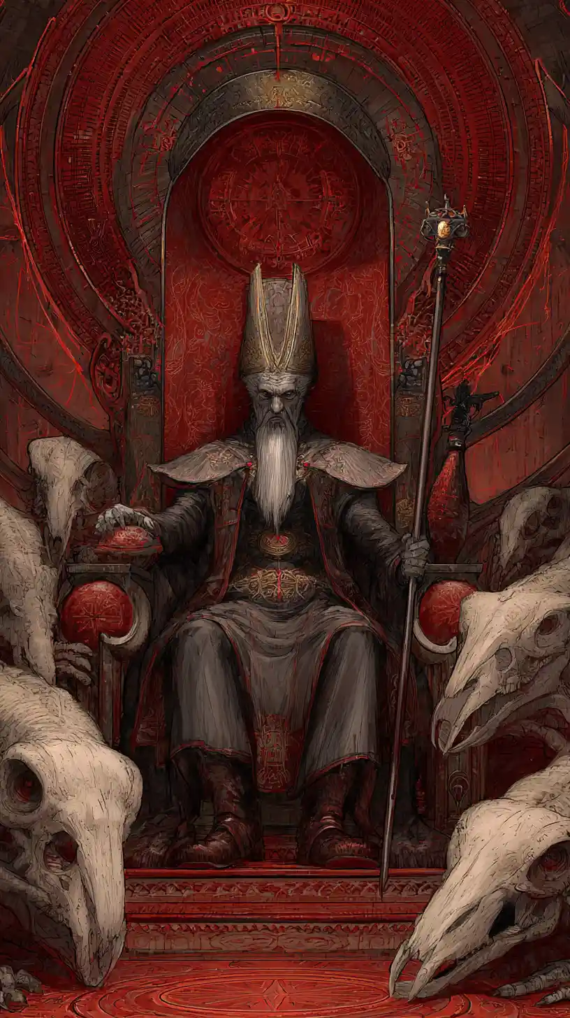 Noble figure seated on a grand throne in disdain