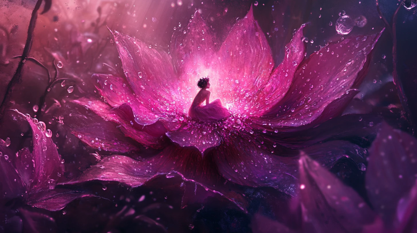 Tiny ethereal woman resting inside a vast glowing flower
