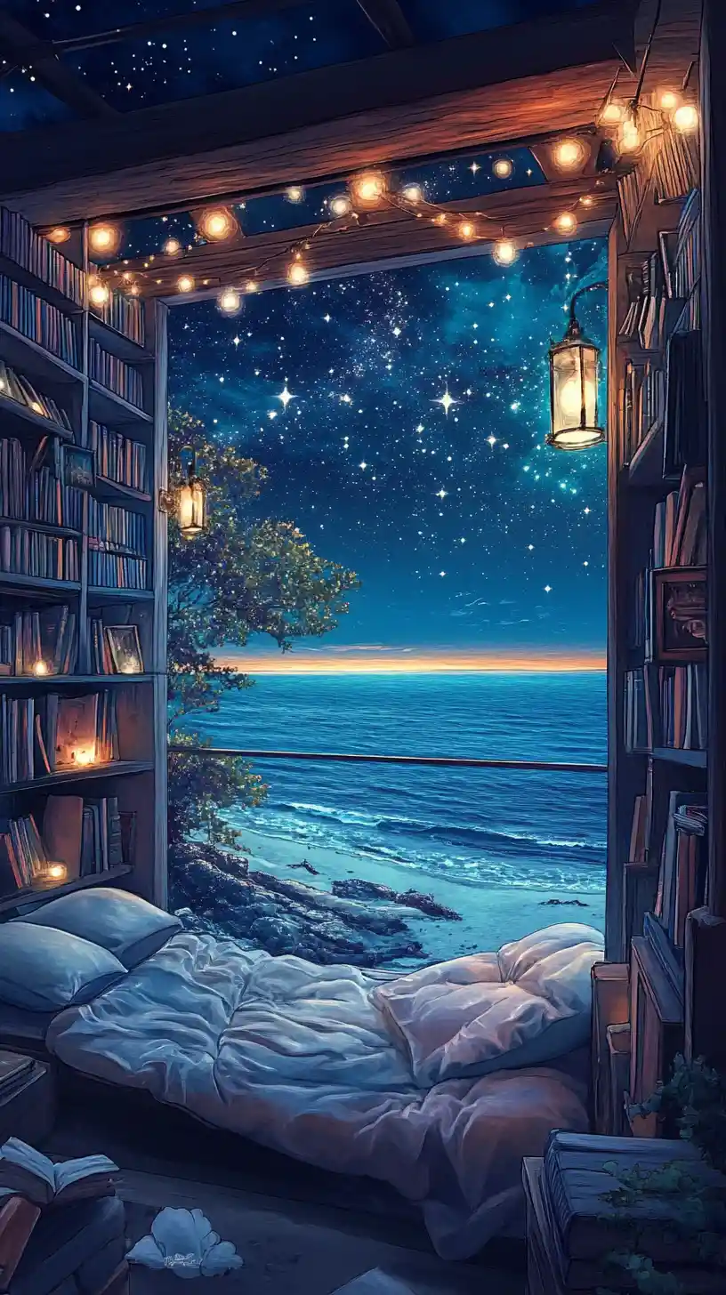 Accogliente biblioteca sul balcone con vista su una notte stellata sul mare