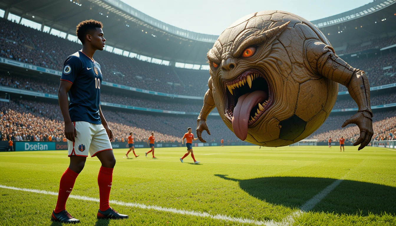 Soccer player faces monstrous ball creature on stadium field