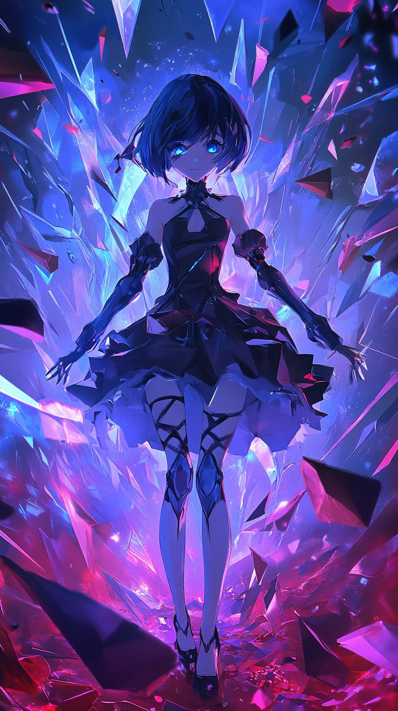Anime girl above a fractured purple and red triangle world