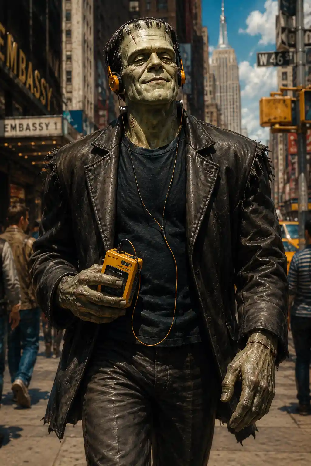 Frankenstein inspired figure walking happily through New York
