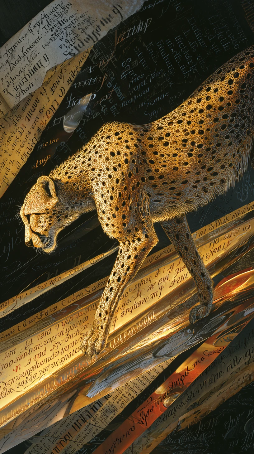 Cheetah transforming into glowing script and pages