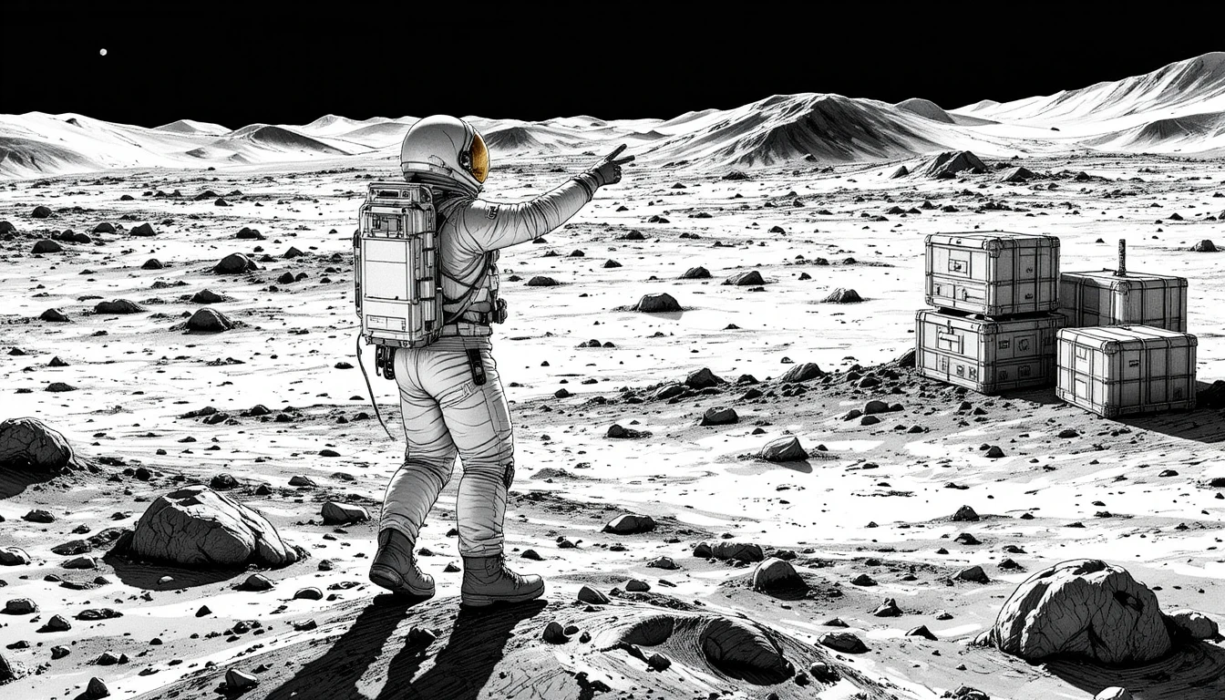 Astronaut pointing across a desolate moon landscape
