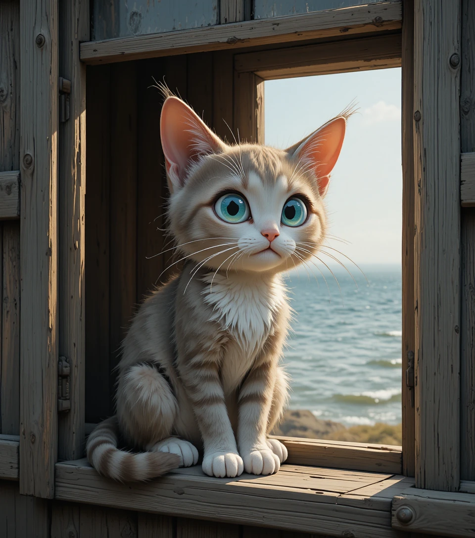 Cartoon kitten on cottage windowsill facing the grey sea