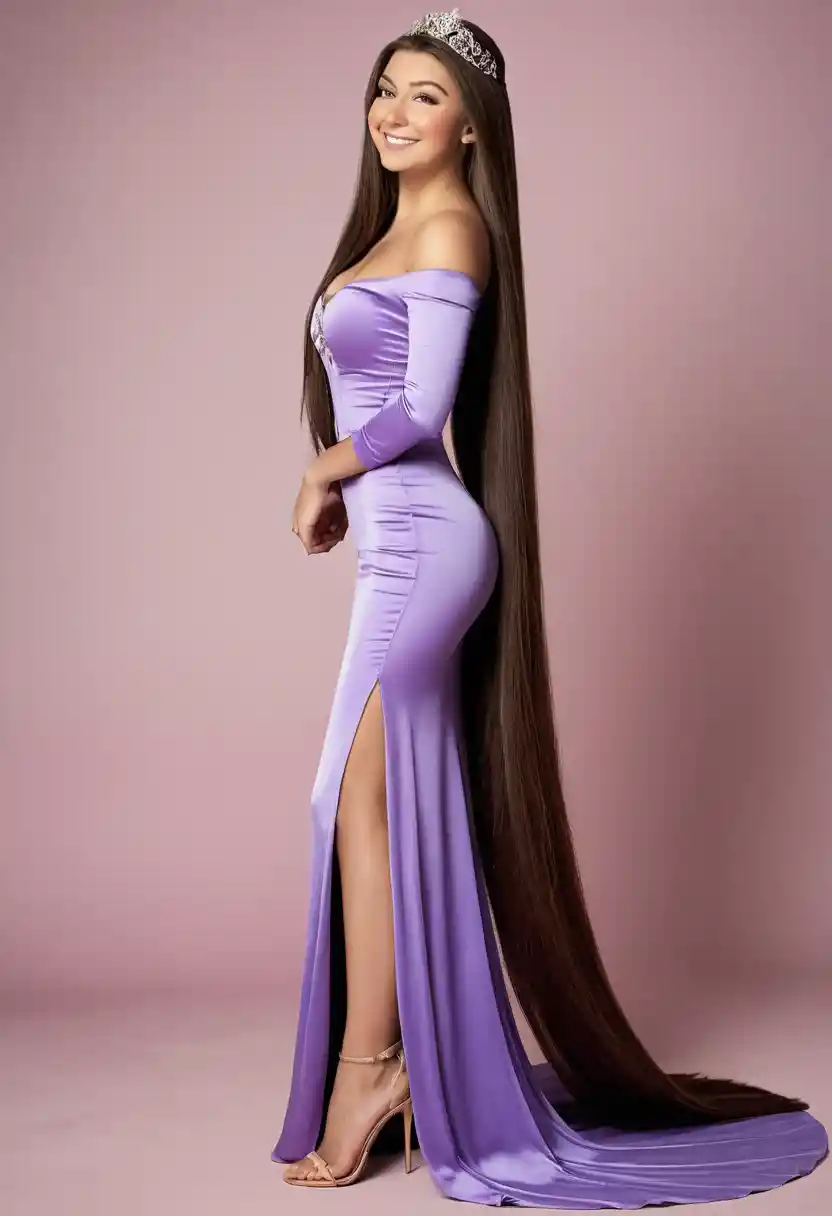 Full body woman with extremely long silky hair side profile