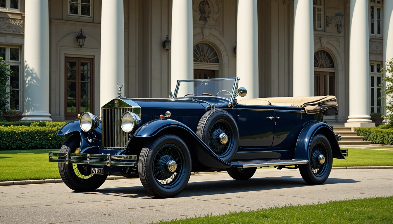 Vintage navy touring car before grand columned mansion