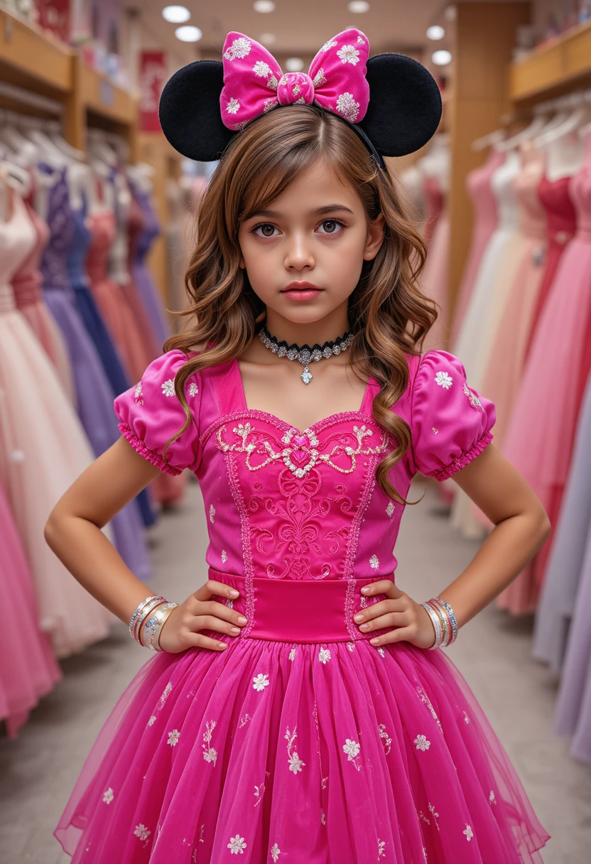 Young boy in pink Minnie dress posing reluctantly