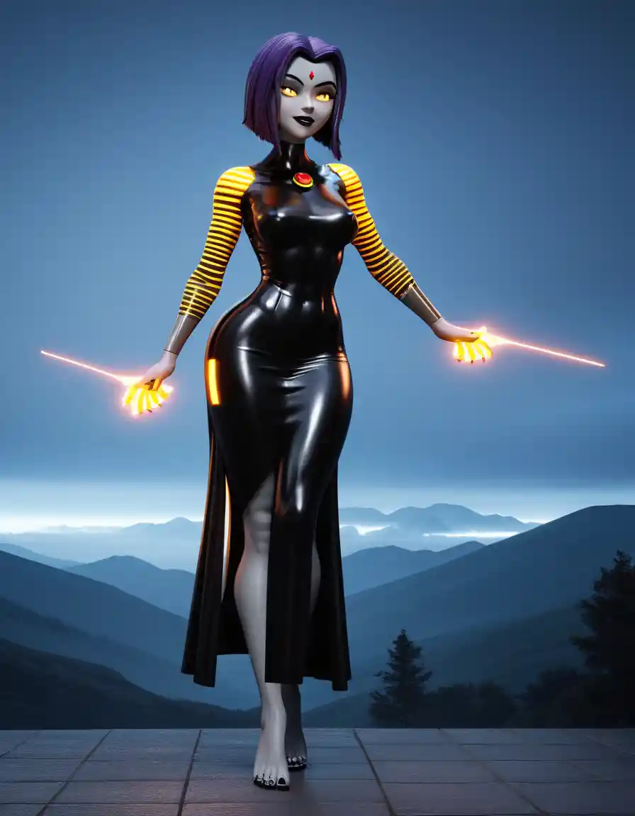 Futuristic giant woman with neon armor in a forest