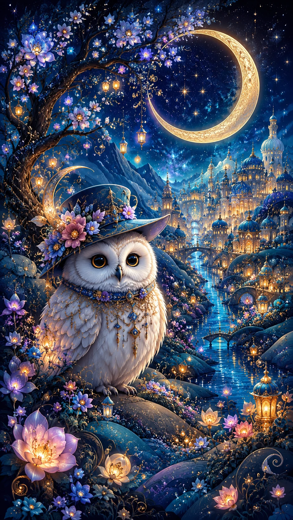 Cute white owl in a glowing moonlit fantasy garden