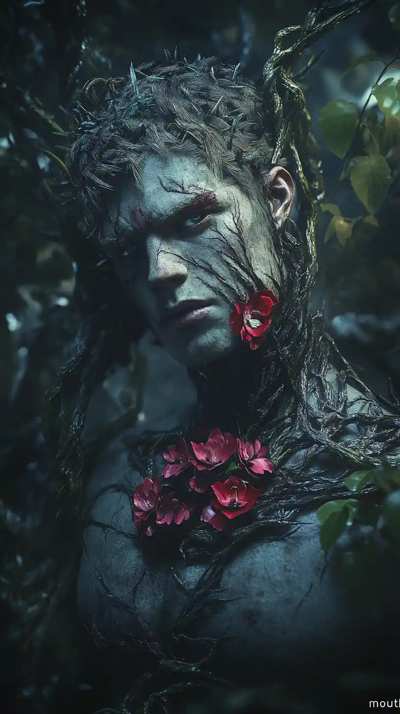 Elegant male figure in dark forest with floral chest
