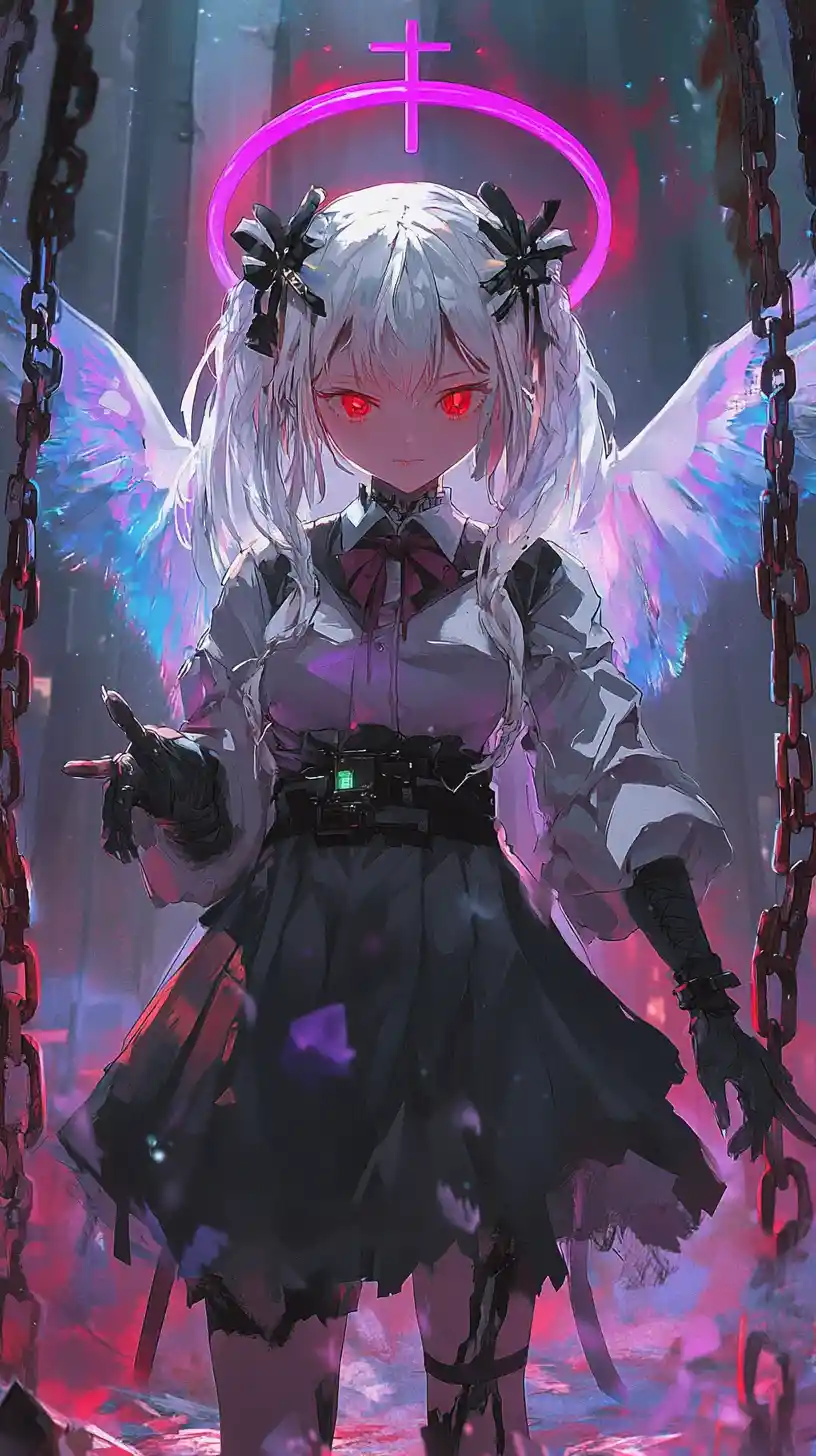 Serious anime girl with halos spear and ethereal wings