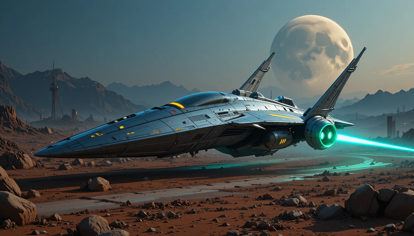 Futuristic metallic spaceship above a desolate alien world