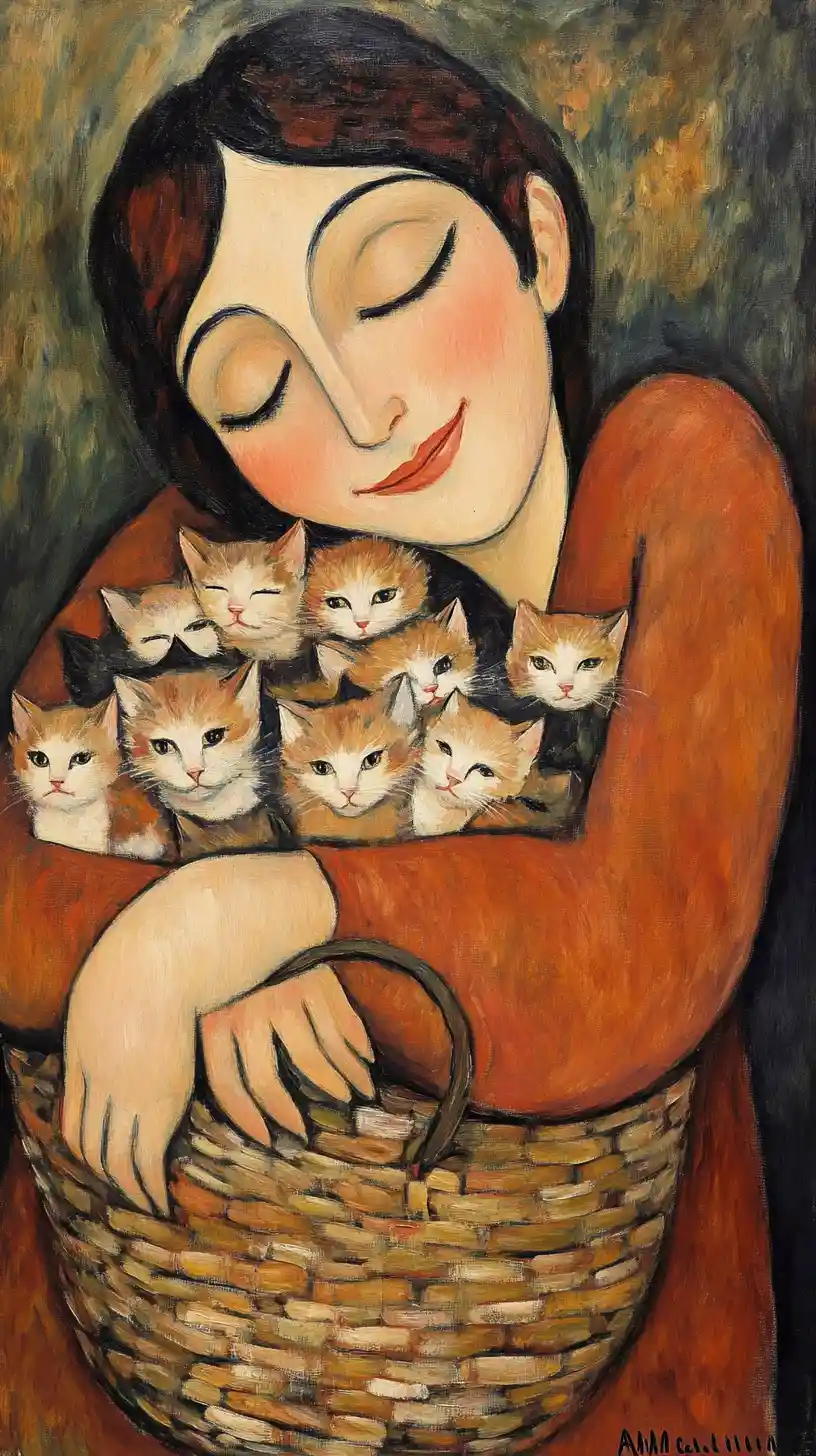 Dipinto allungato di una donna sorridente con un cesto di gattini