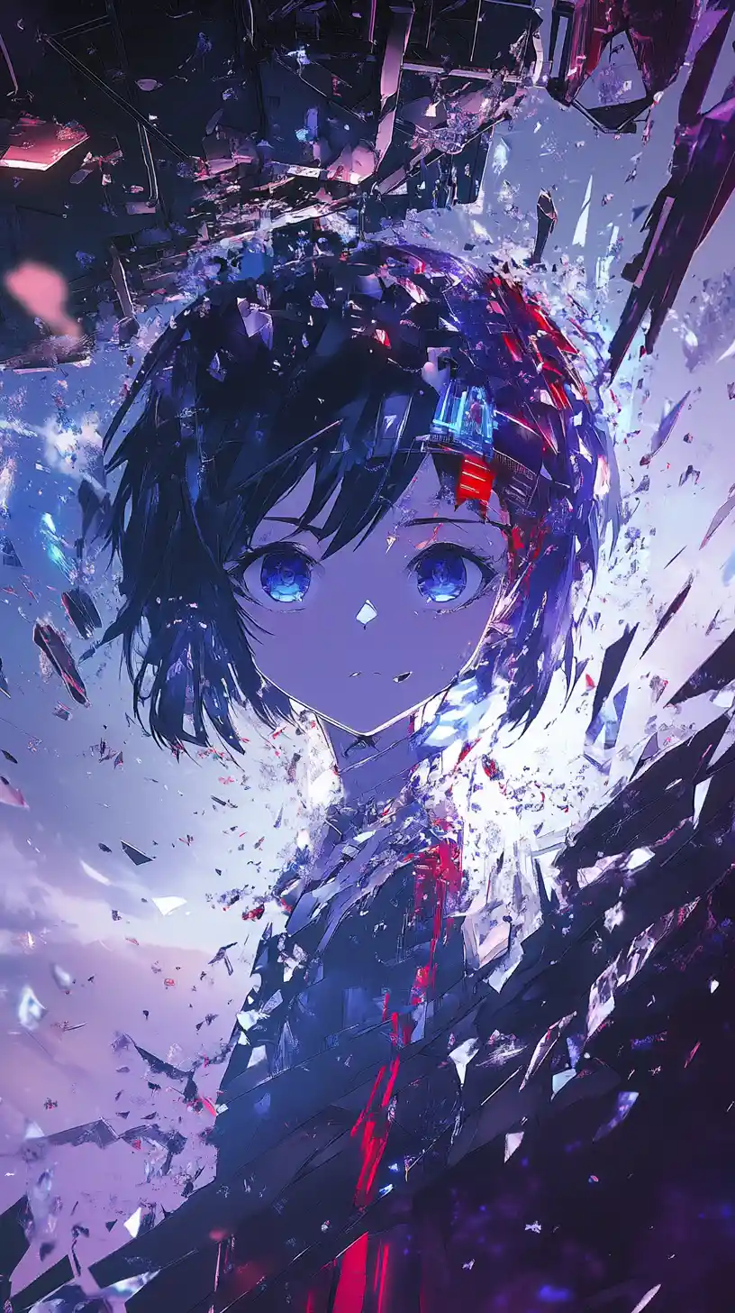 Anime girl with rifle in a shattered triangle world