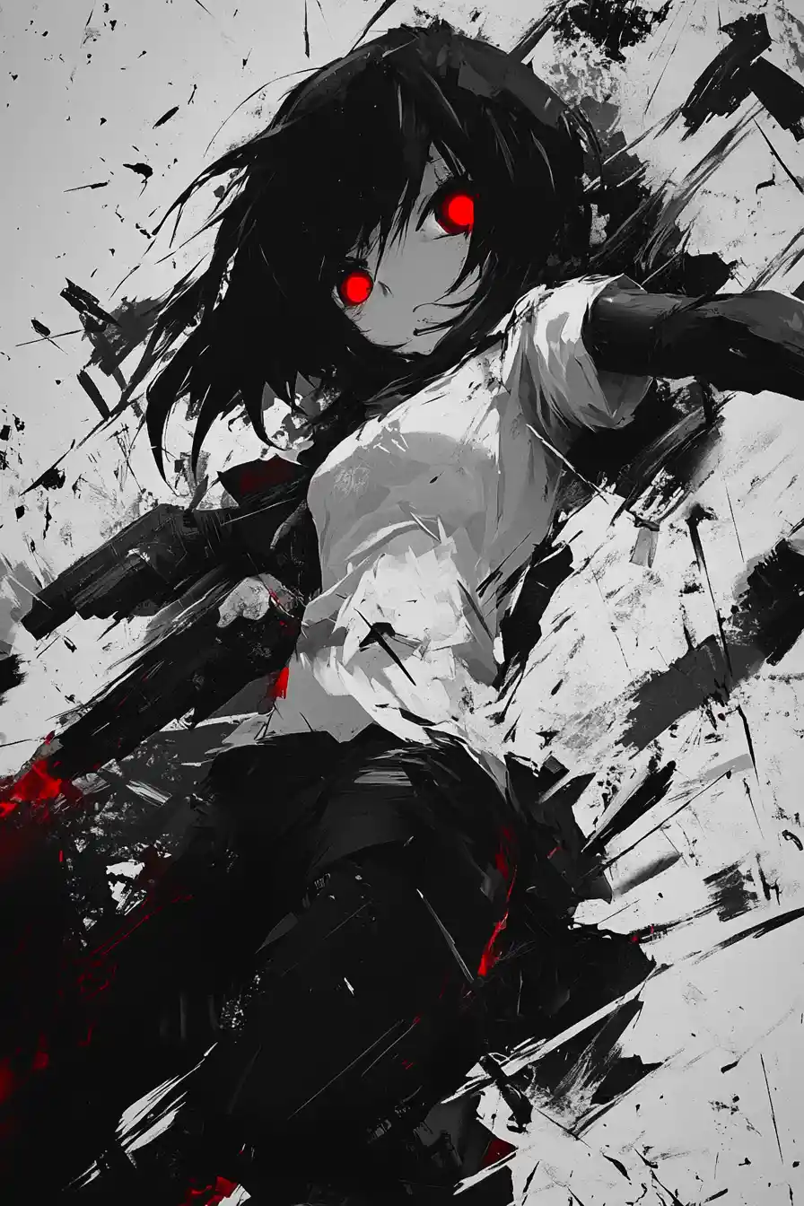 Anime girl with red eyes crashing into concrete ground