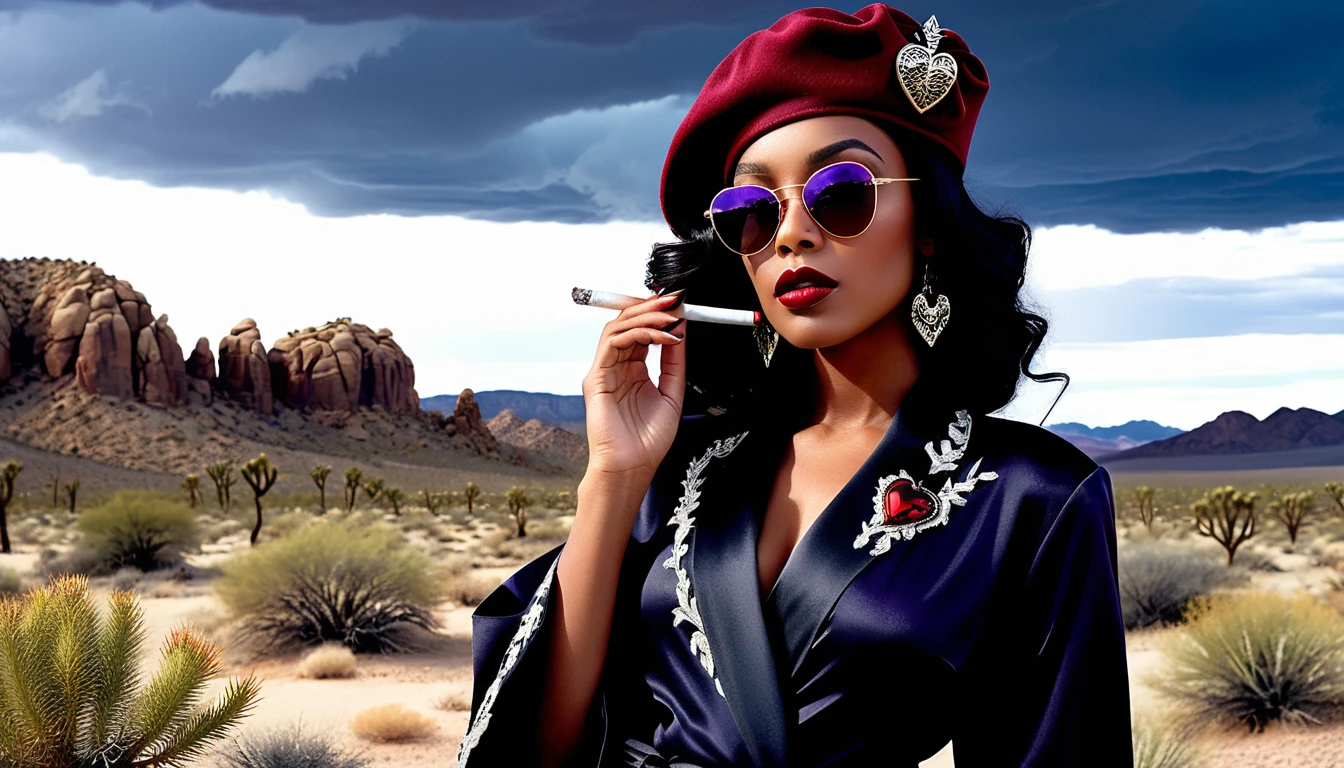 Stylish woman smoking in a gothic desert illustration