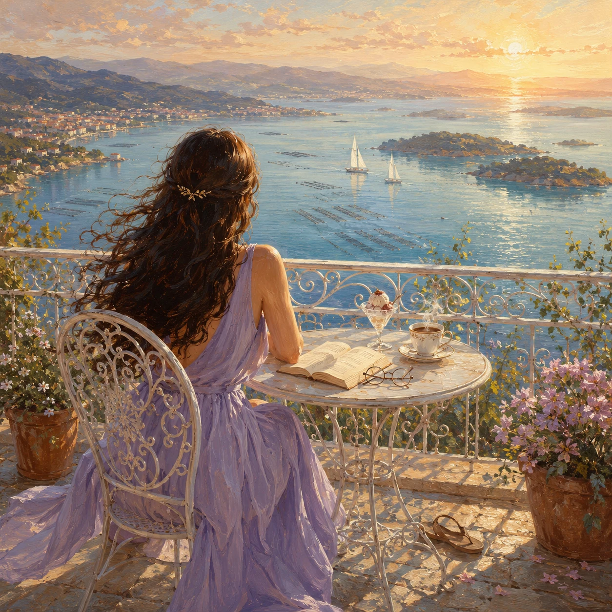 Woman in lavender dress on seaside terrace at sunset