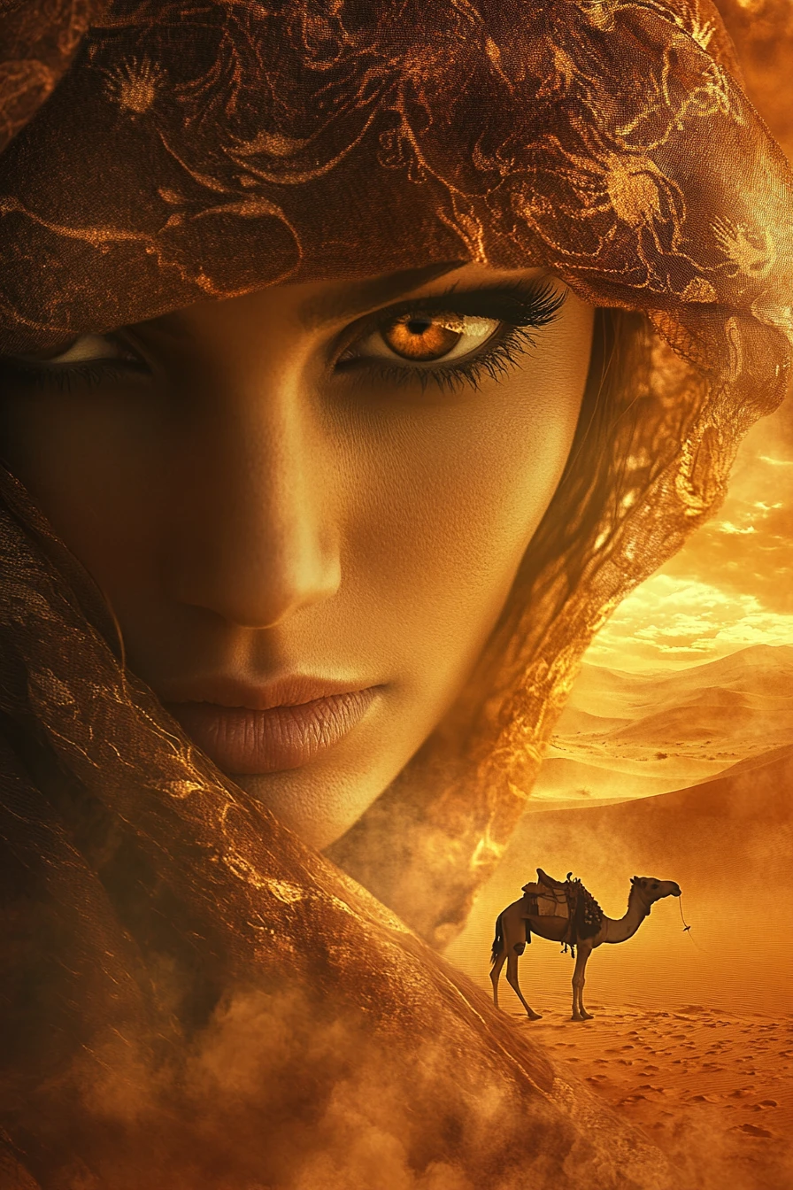 Veiled desert woman with camel in glowing sandstorm