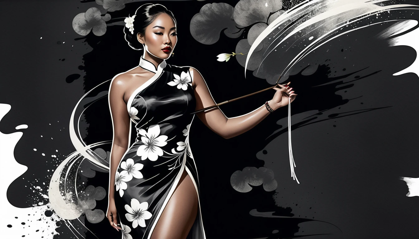 Donna formosa in qipao di seta – ritratto a inchiostro su sfondo nero
