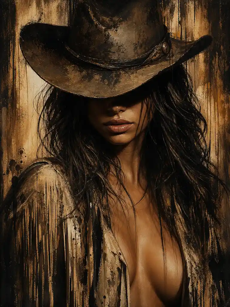 Mysterious cowgirl portrait in shadowed digital painting