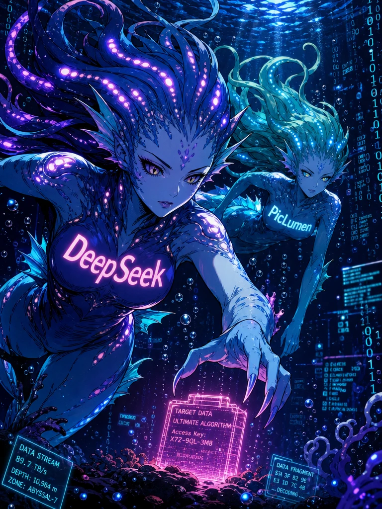 Mujeres marinas alienígenas de anime explorando un océano de datos brillante