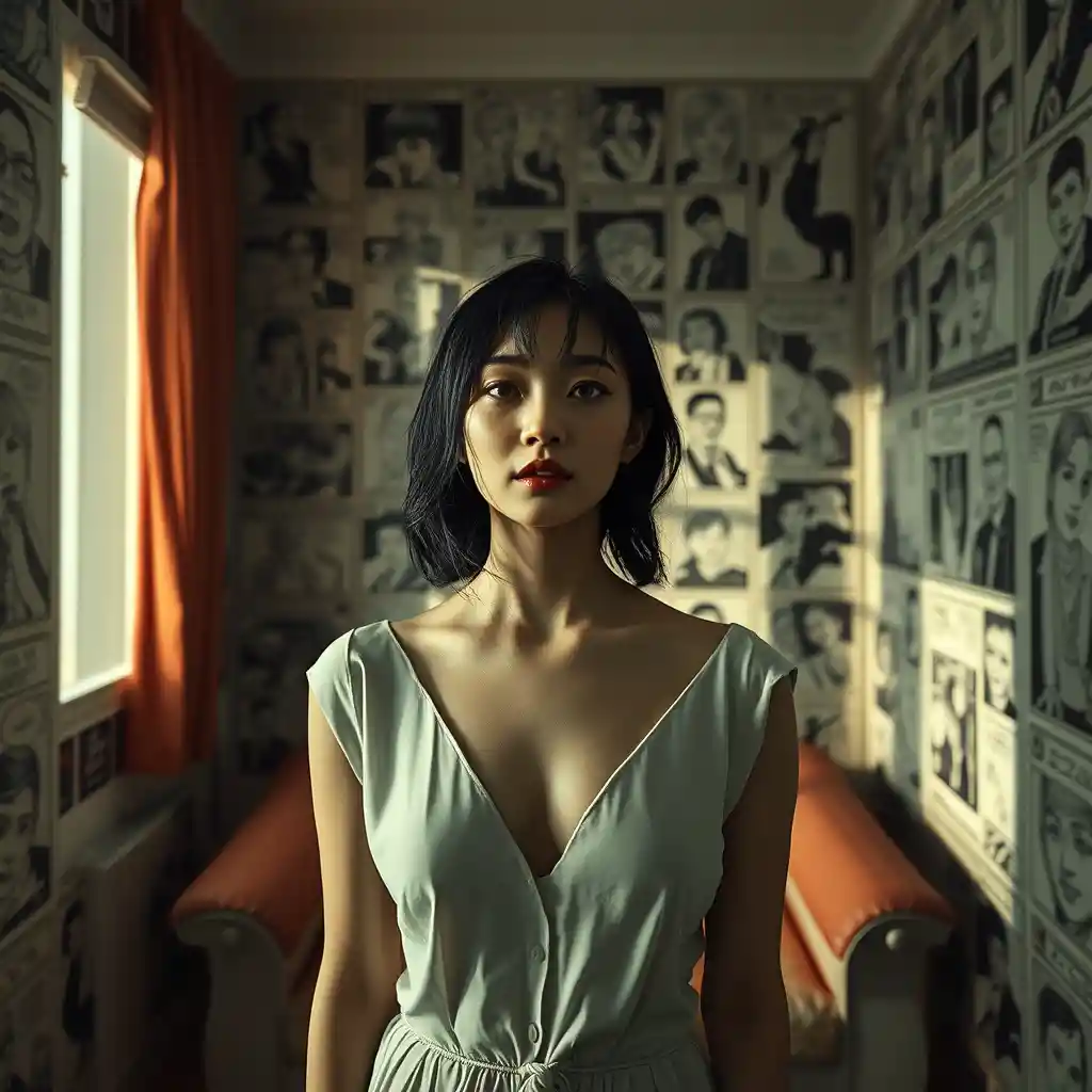 Surreal woman standing in a distorted silent domestic room
