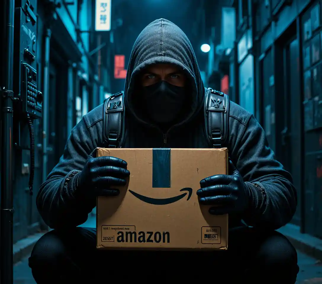 Hooded man with package in tense urban alleyway scene