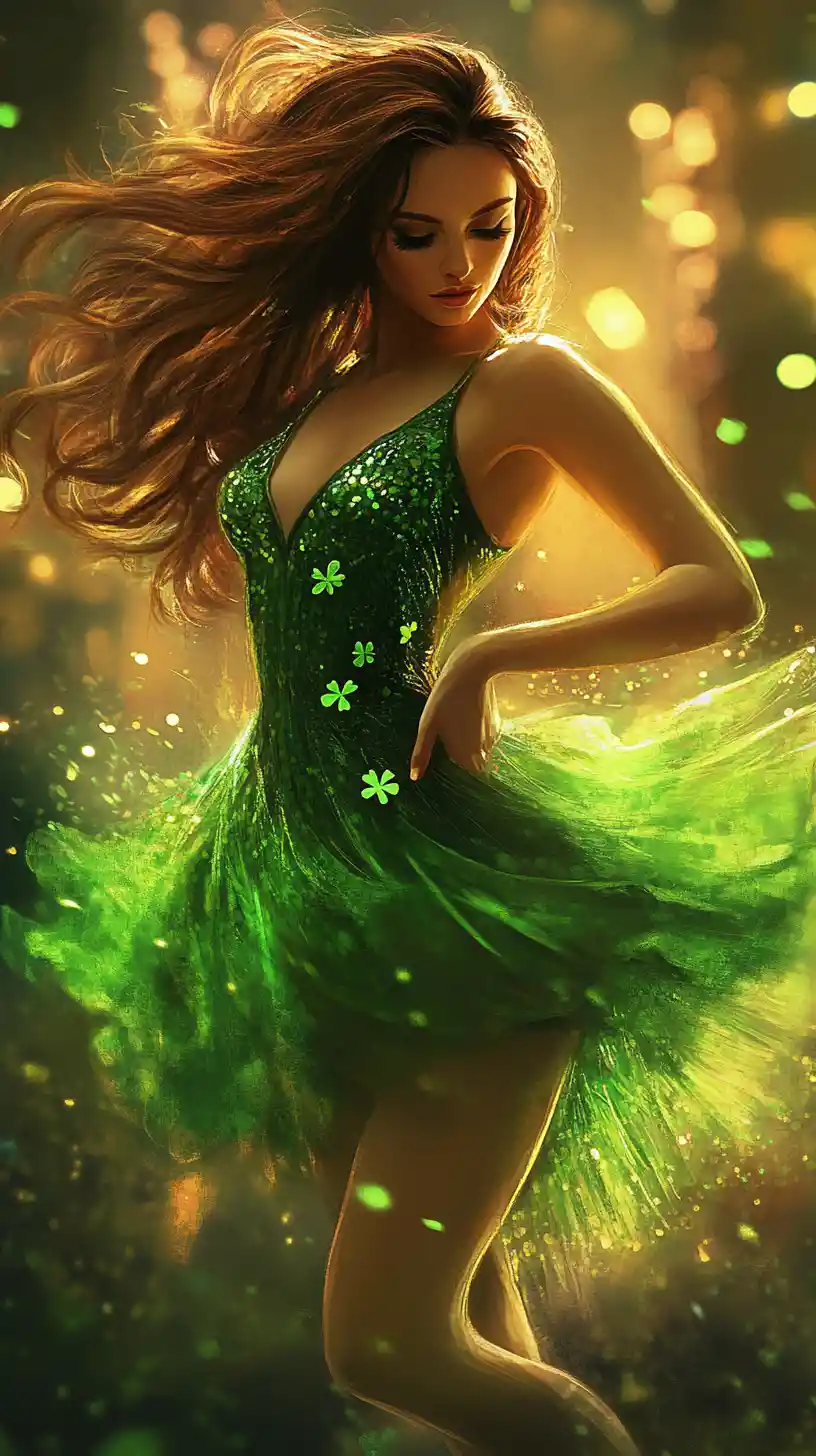 Irish girl dancing in a city on St Patricks Day