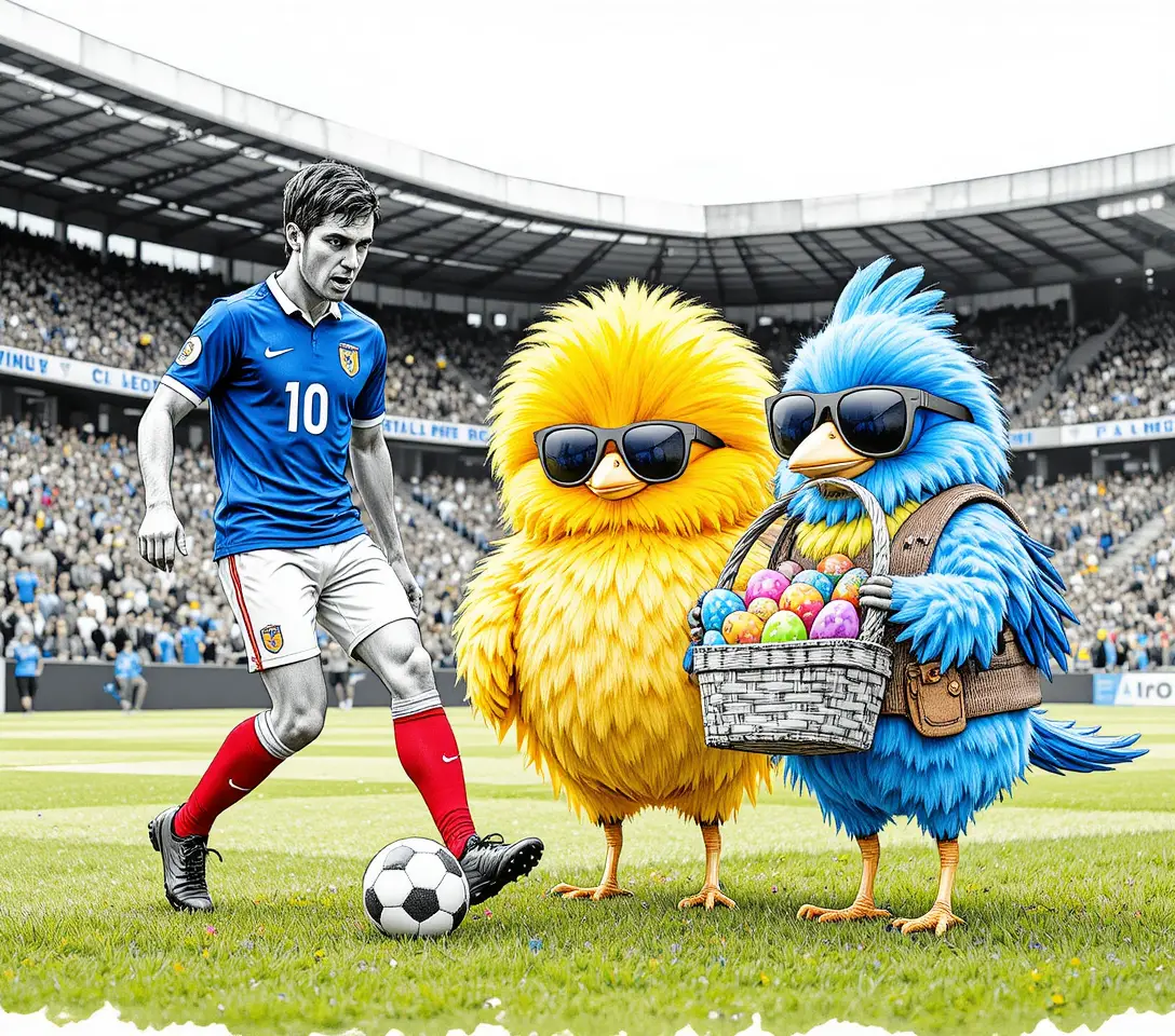 French soccer player with cartoon birds on the field