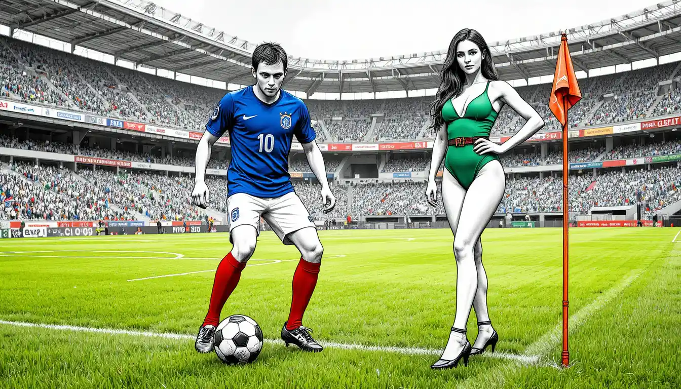 Soccer player and woman by corner flag on stadium field