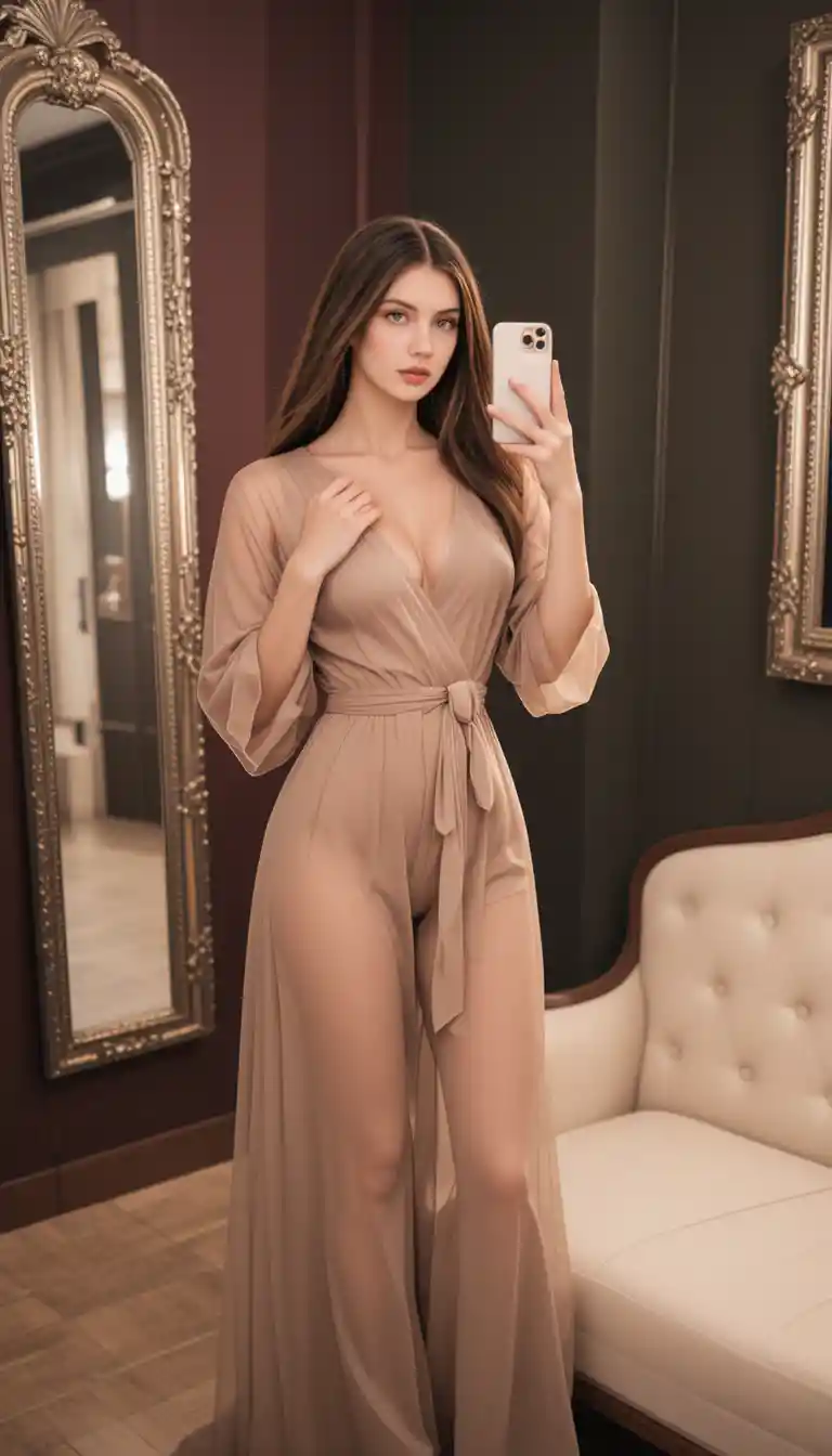 Young woman in sheer robe taking a selfie indoors