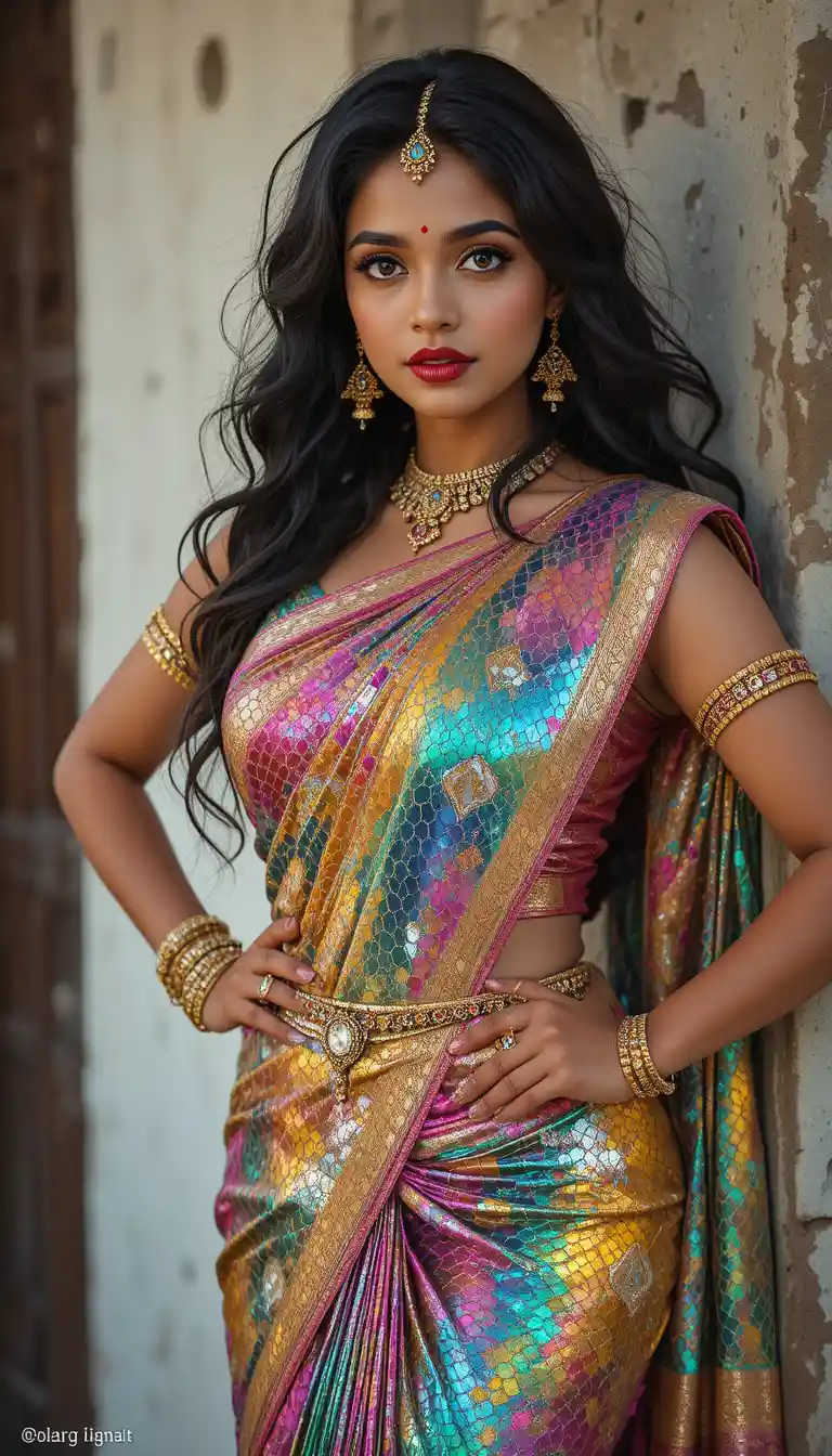 Indian woman in reflective saree leaning against interior wall