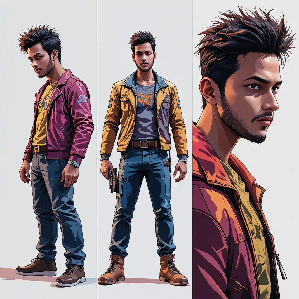 Character sheet with three cinematic views of a woman