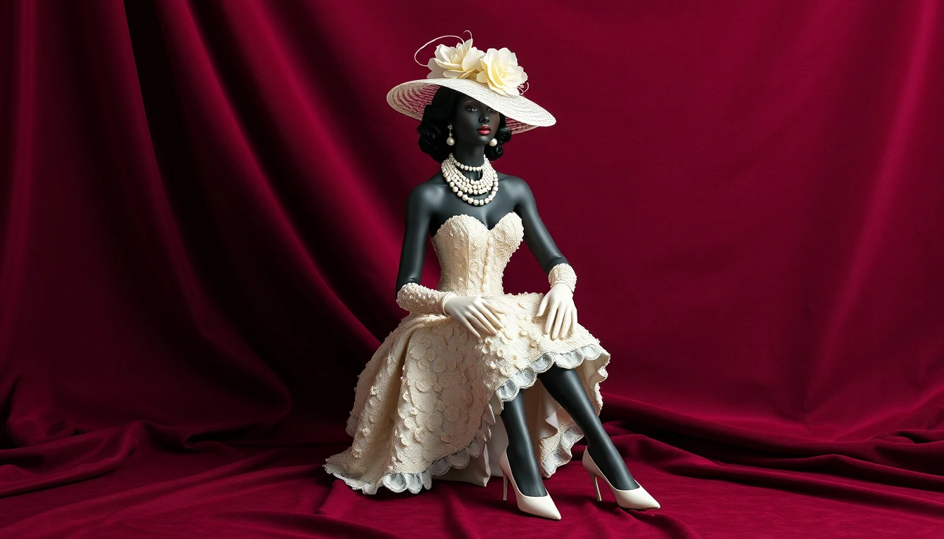 Elegant woman in pearl fashion against velvet burgundy backdrop