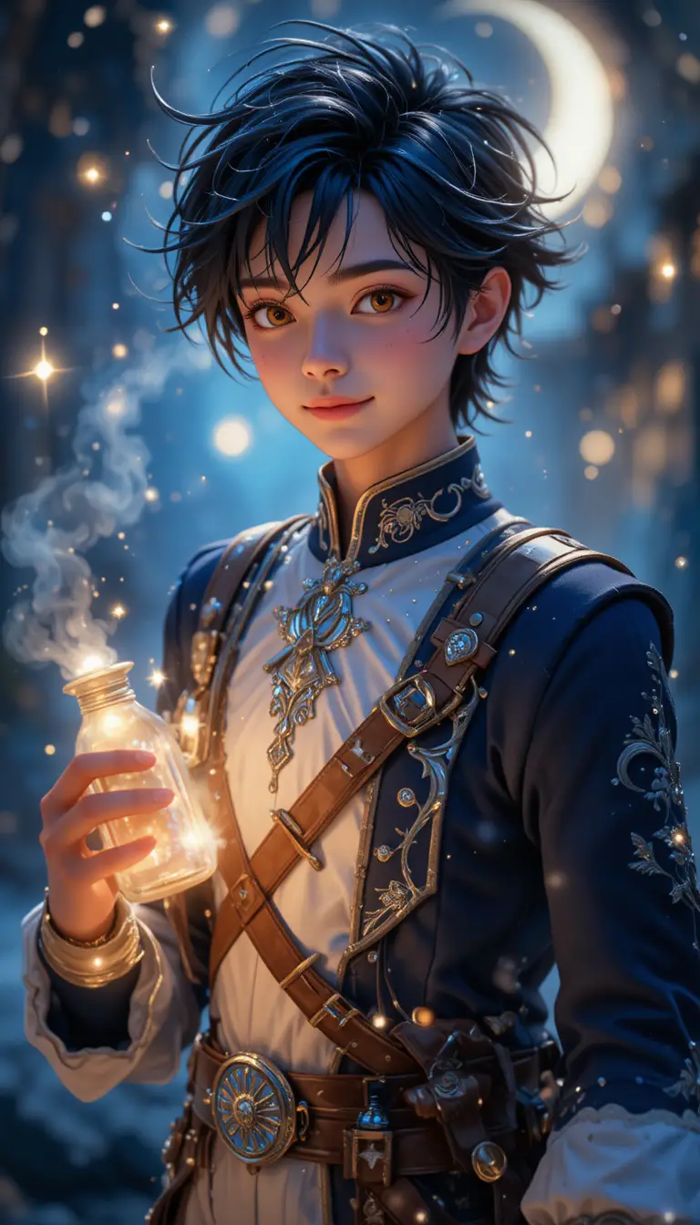 Celestial boy with glowing moonlit hair and golden eyes