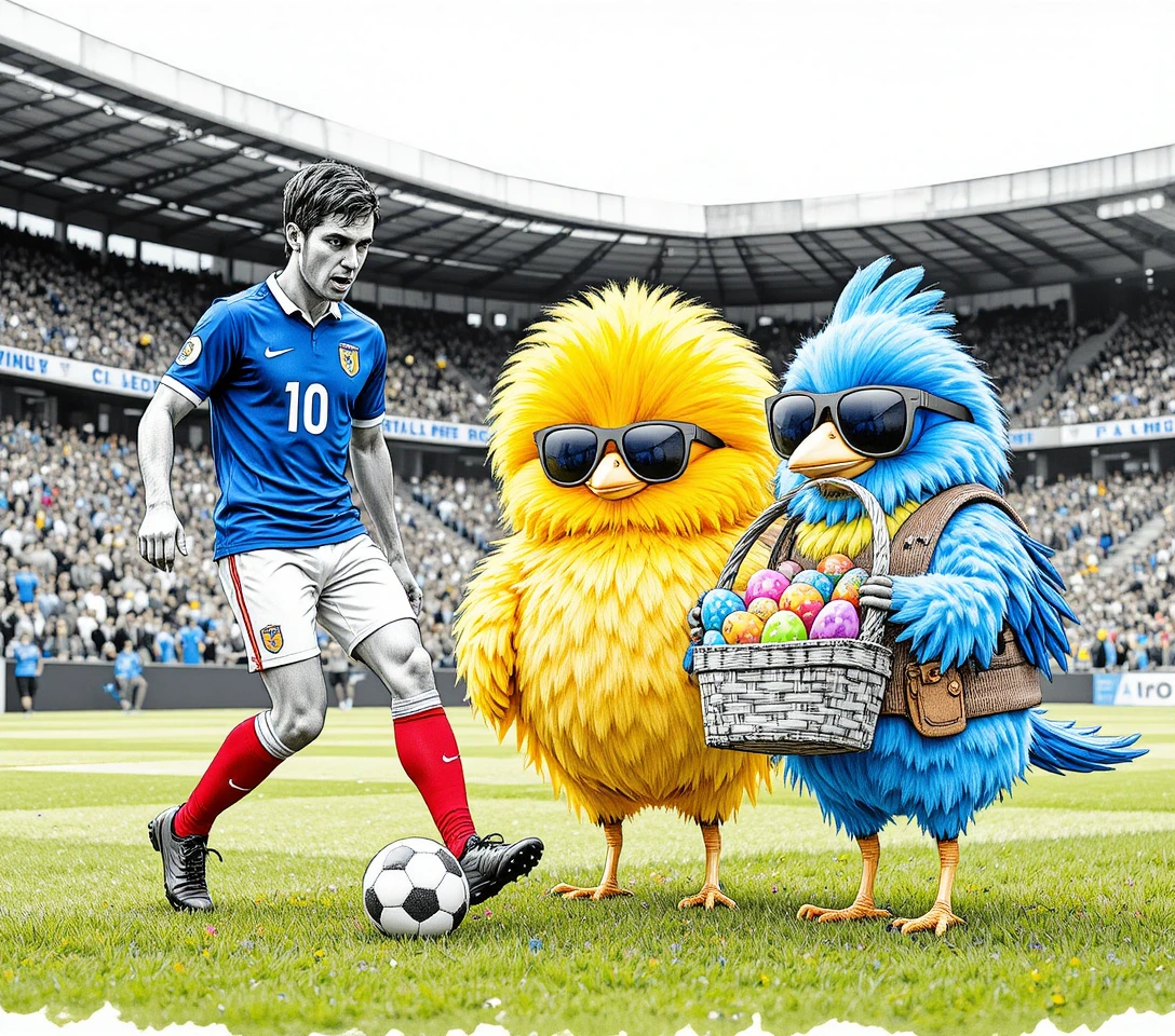 French soccer player with cartoon birds on the field