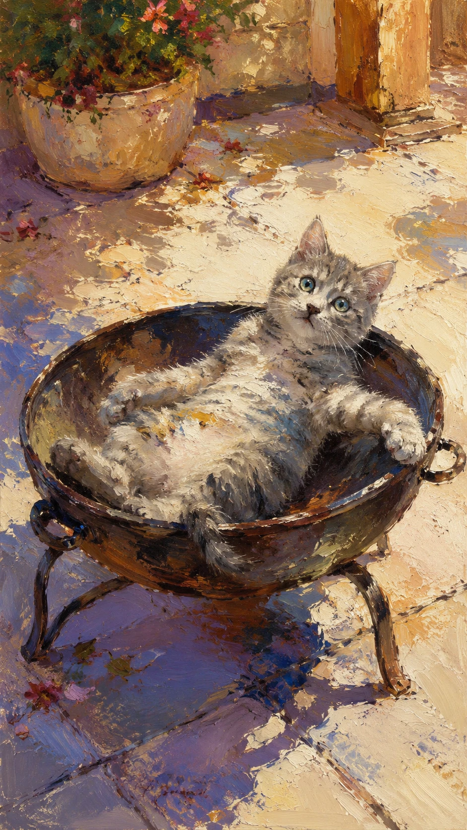 Relaxed cat resting inside a brazier in bright oil colors