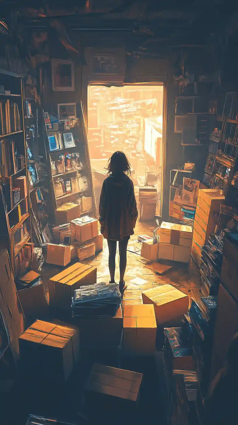 Person in dim room surrounded by unopened packages