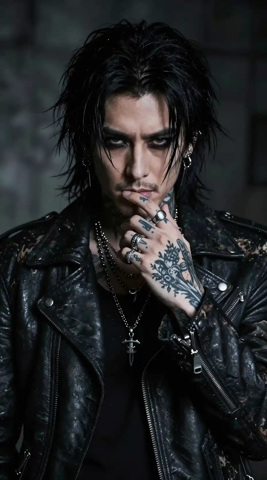 Brooding rock musician portrait with tattoos and leather jacket