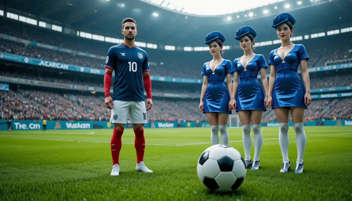 Focused soccer player on field with surreal blue figures