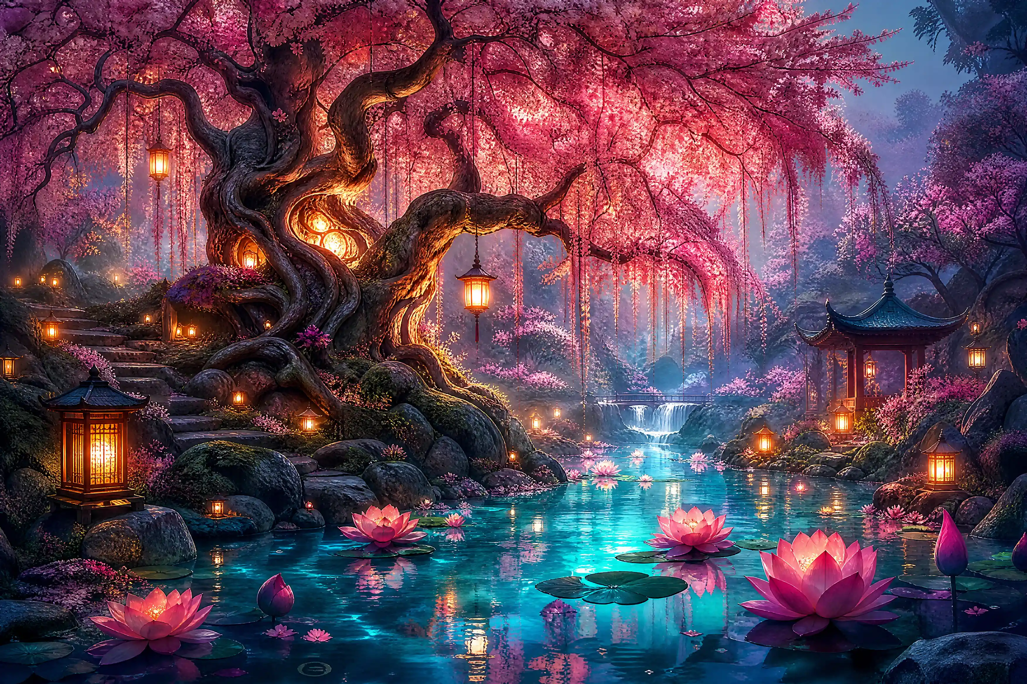 Majestic glowing cherry tree over a tranquil turquoise stream