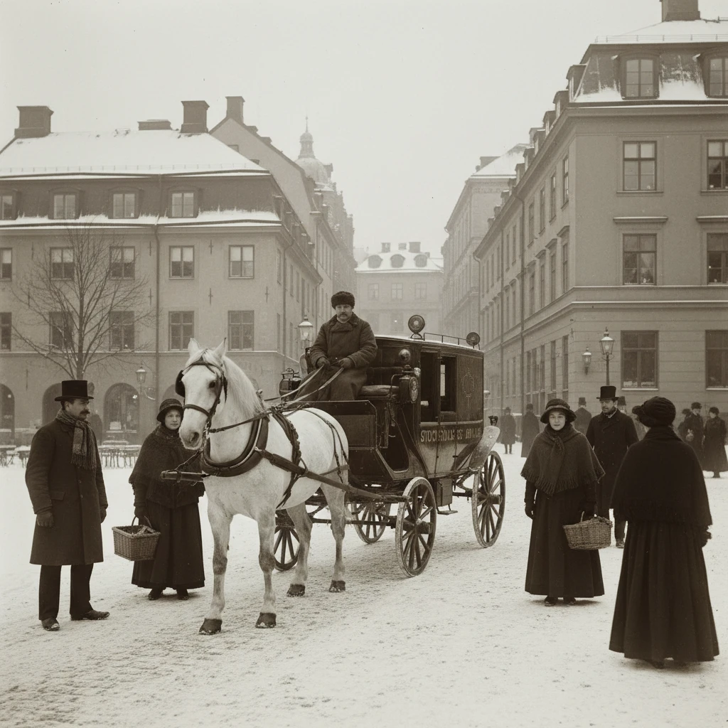 Horse drawn ambulance on a snowy early twentieth century street